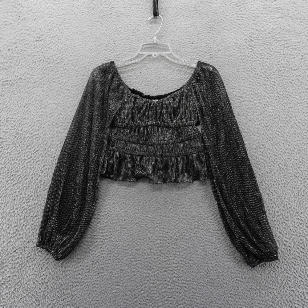 Melrose and Market Black Silver Metallic Smocked Crop Top MM505484MI Womens XS